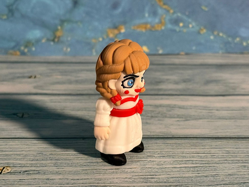 Thumbnail: Haunted Porcelain Doll 3D-printed figure with blue eyes, braided hair, and a white-and-red dress