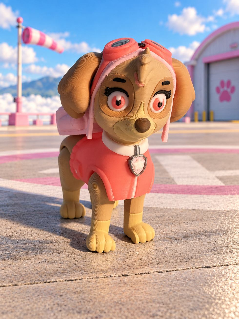 Tan-and-brown Aviation Rescue Pup 3D-printed figure wearing pink flight goggles, a matching uniform, rescue badge, and flight