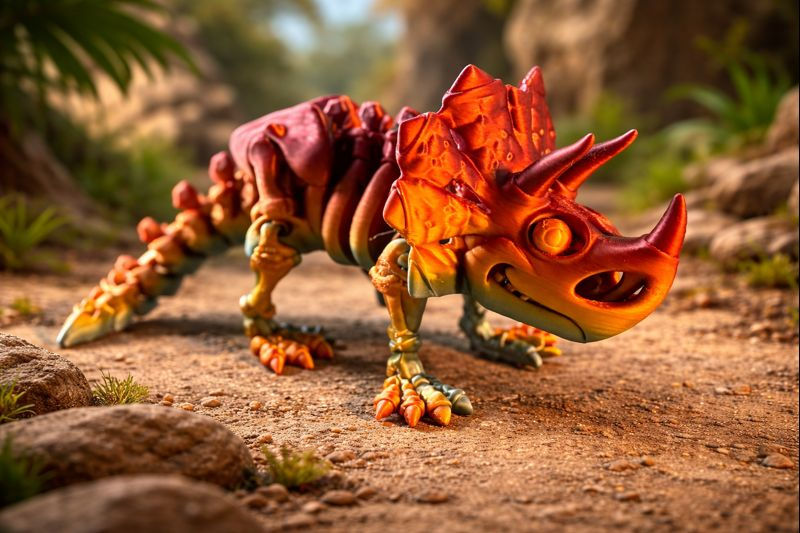 3D printed triceratops dinosaur figurine with detailed horns and articulated body.