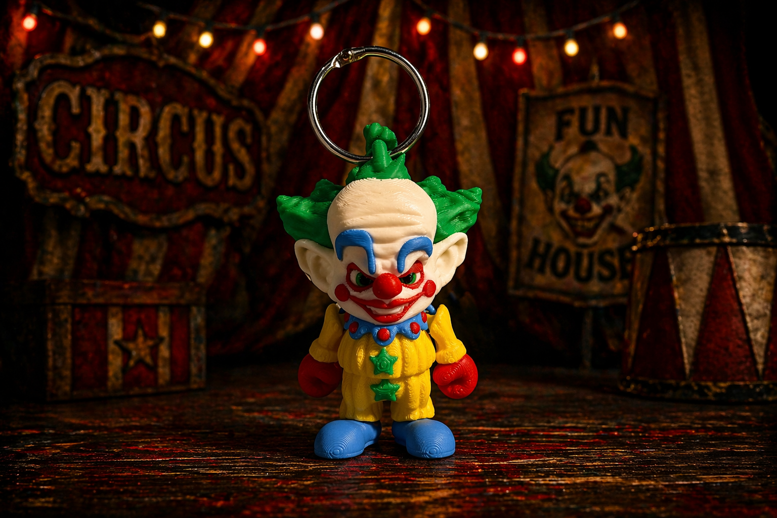 3D printed evil clown keychain with green hair, red nose, and yellow outfit attached to a metal keyring