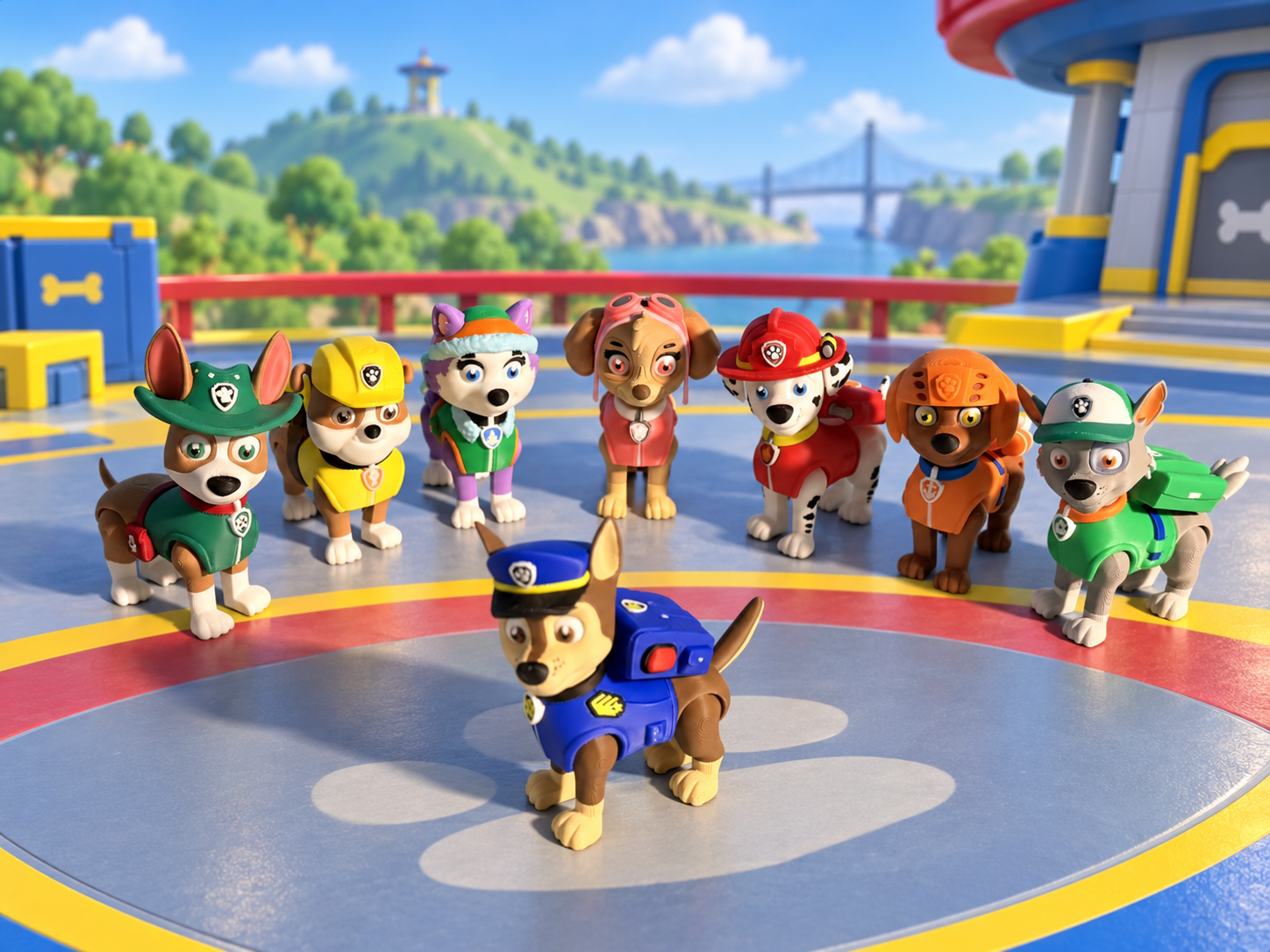 Complete Rescue Pups Collection featuring eight colorful 3D-printed dog figures dressed for construction, aviation, recycling