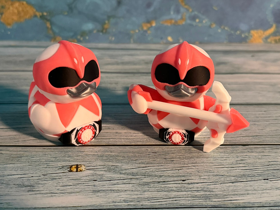 Thumbnail: Pink Ptero Guardian Duck 3D printed collectible featuring pink and white armor, Ptero-inspired helmet, black visor, silver ac