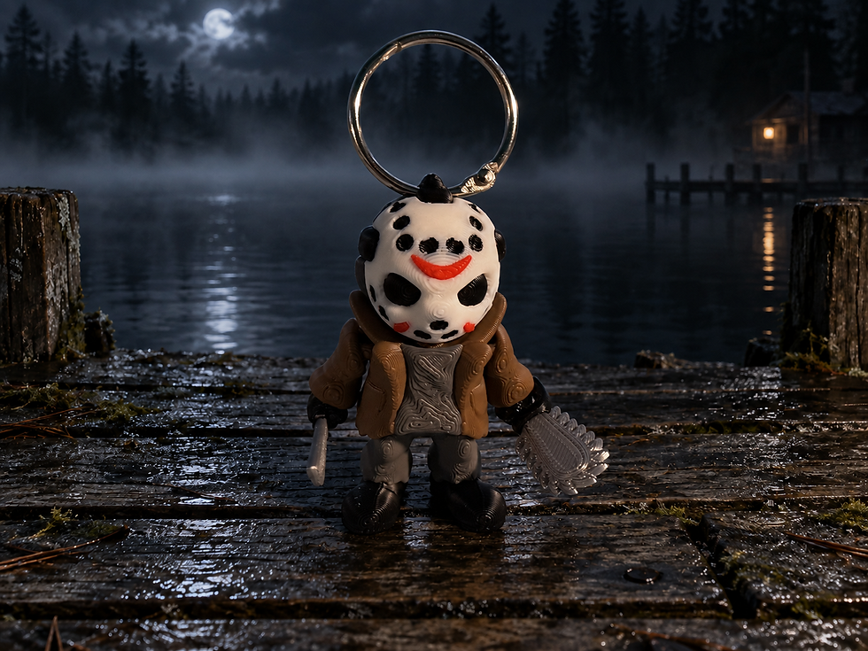 Camp Killer 3D-printed keychain wearing a marked white mask and brown jacket, holding two weapons