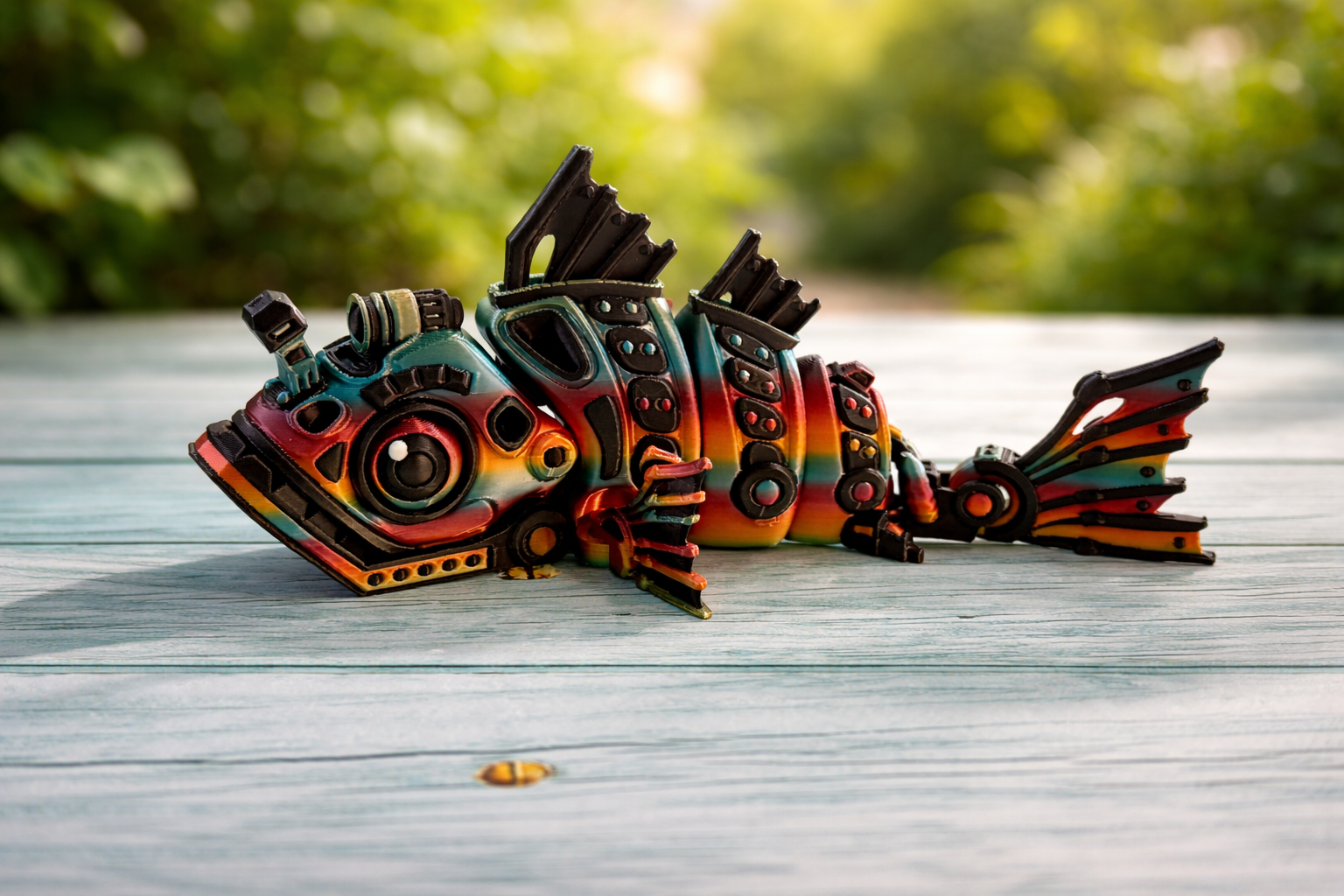 Cyberpunk robotic fish 3D printed figurine with articulated body and metallic color-shifting filament