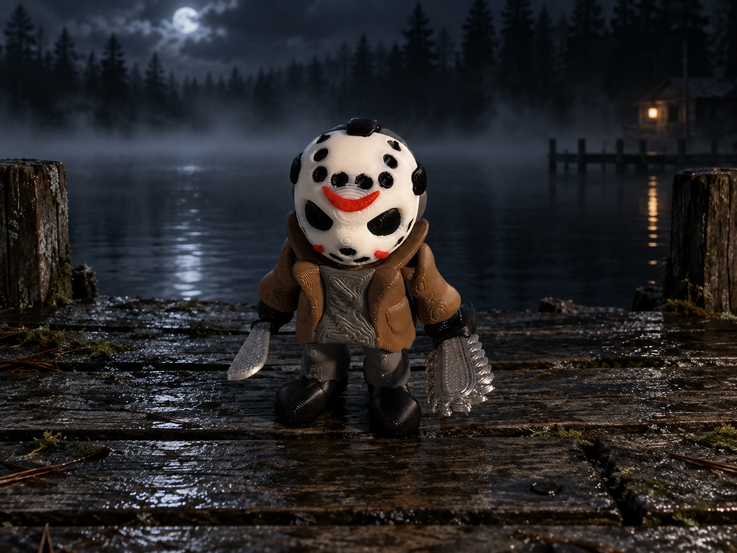 Camp Killer 3D-printed horror figure wearing a marked white mask and brown jacket, holding two weapons
