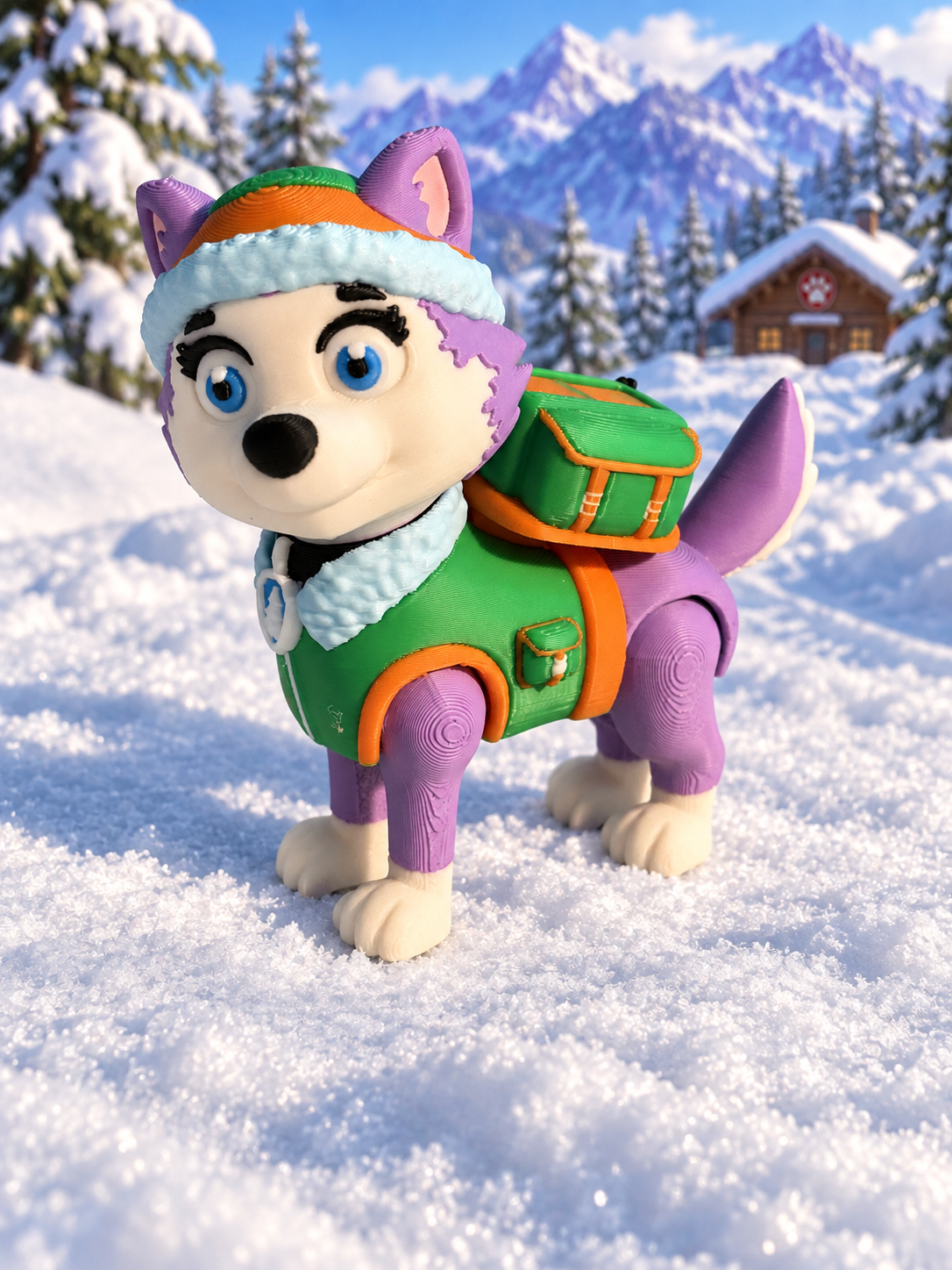 Purple-and-white Snow Rescue Pup 3D-printed figure wearing a colorful winter uniform, fur-trimmed cap, rescue badge, and back