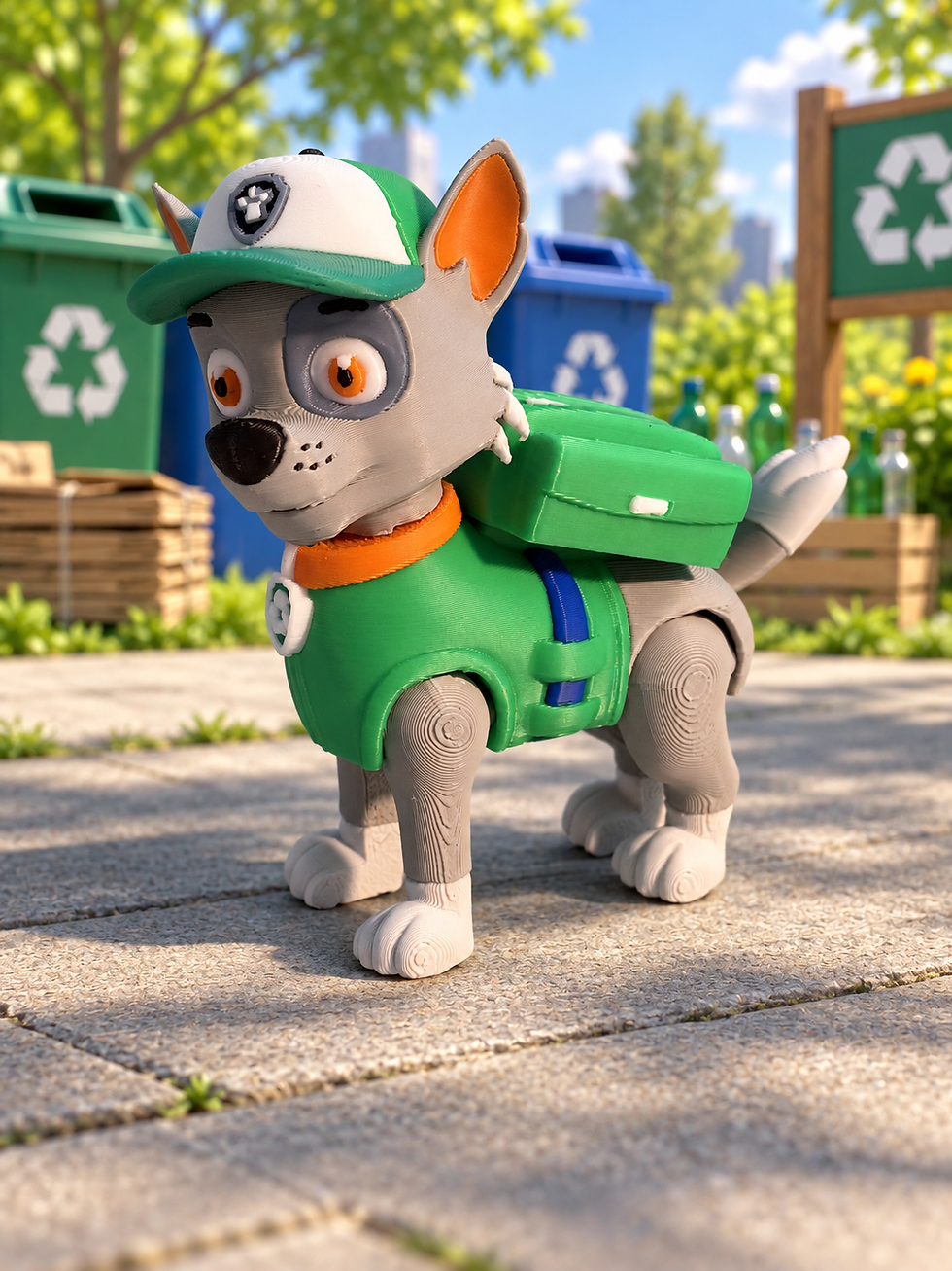 Gray-and-white Recycling Rescue Pup 3D-printed figure wearing a green uniform, matching cap, rescue badge, and utility pack.