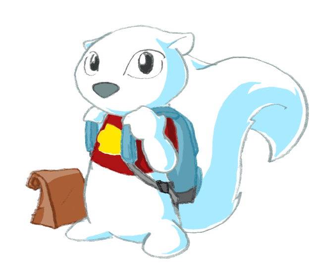 Albie the white squirrel with his lunch and a backpack