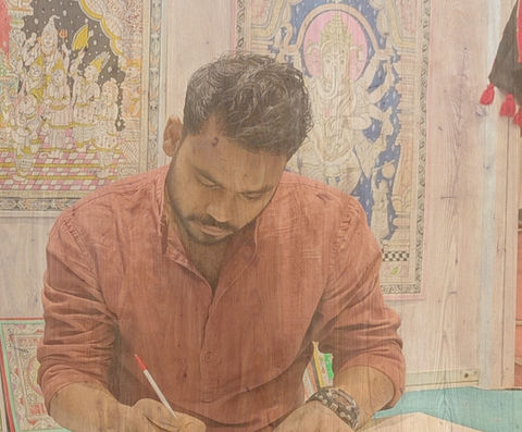 Craftique Hub's Pattachitra artist of Raghurajpur creating traditional folk painting on a handmade canvas and natural colors.