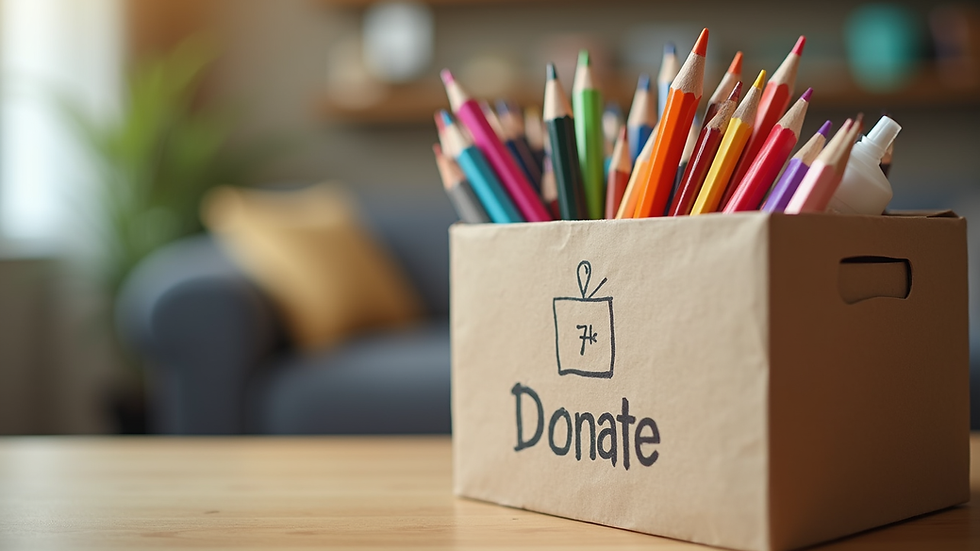 Close-up view of a donation box with school supplies