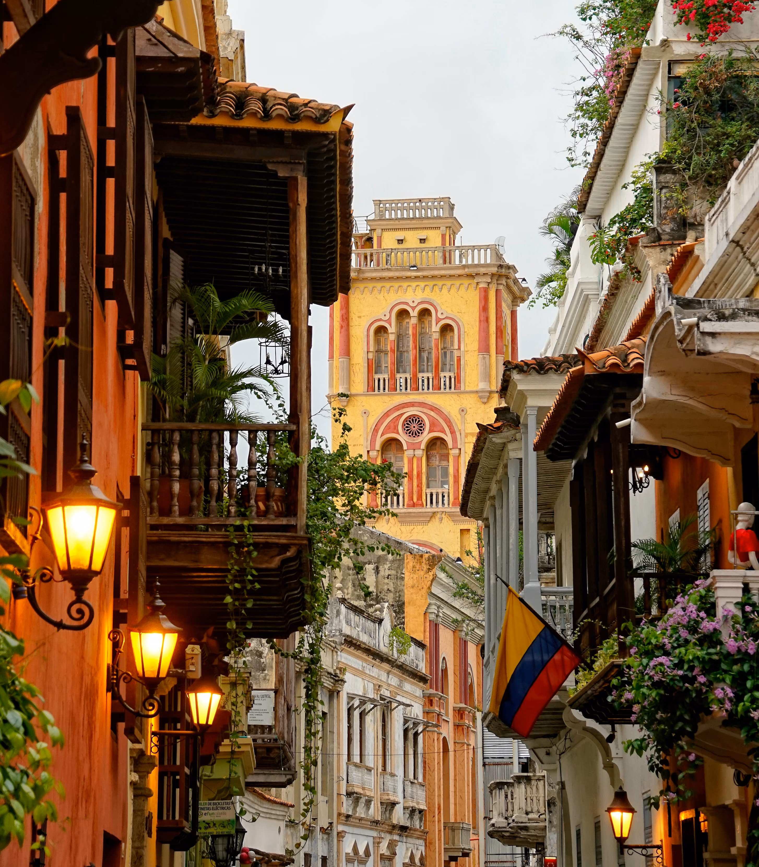 Local Streets of Cartagena Colombia, yellow church