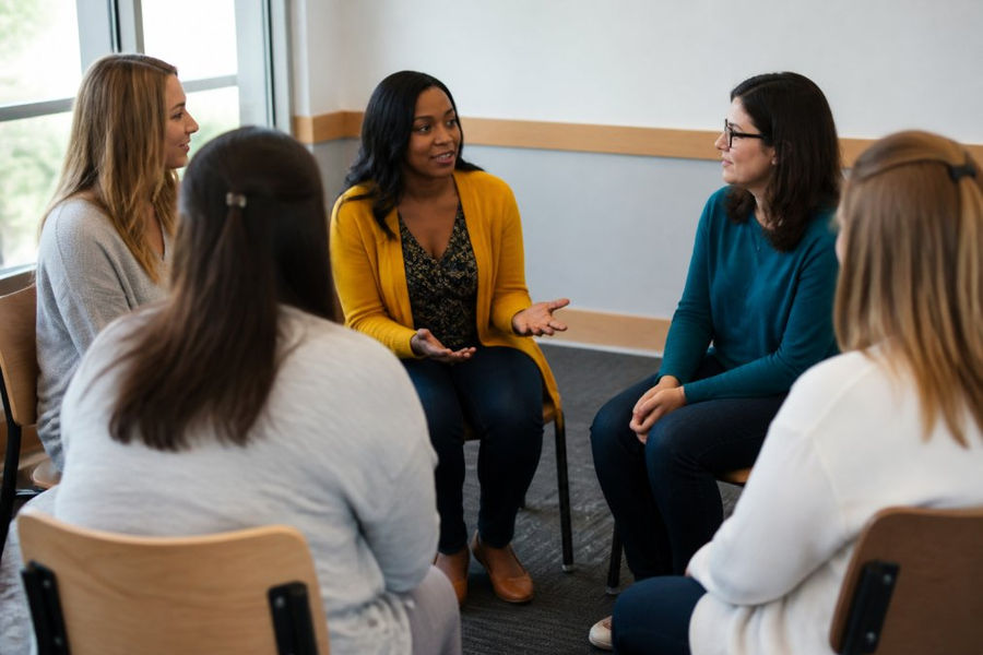 Small group of parents and caregivers in a supportive peer-led setting, engaged in conversation and sharing experiences