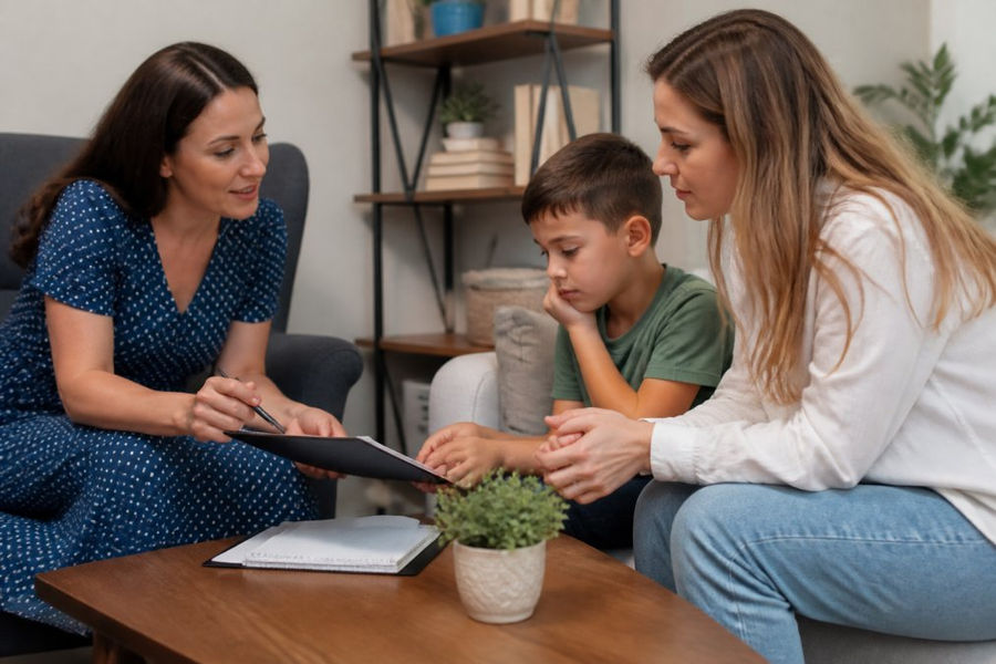 Parent and child sitting with a behavioral health clinician in a warm, welcoming office environment, reviewing notes and discussing treatment options