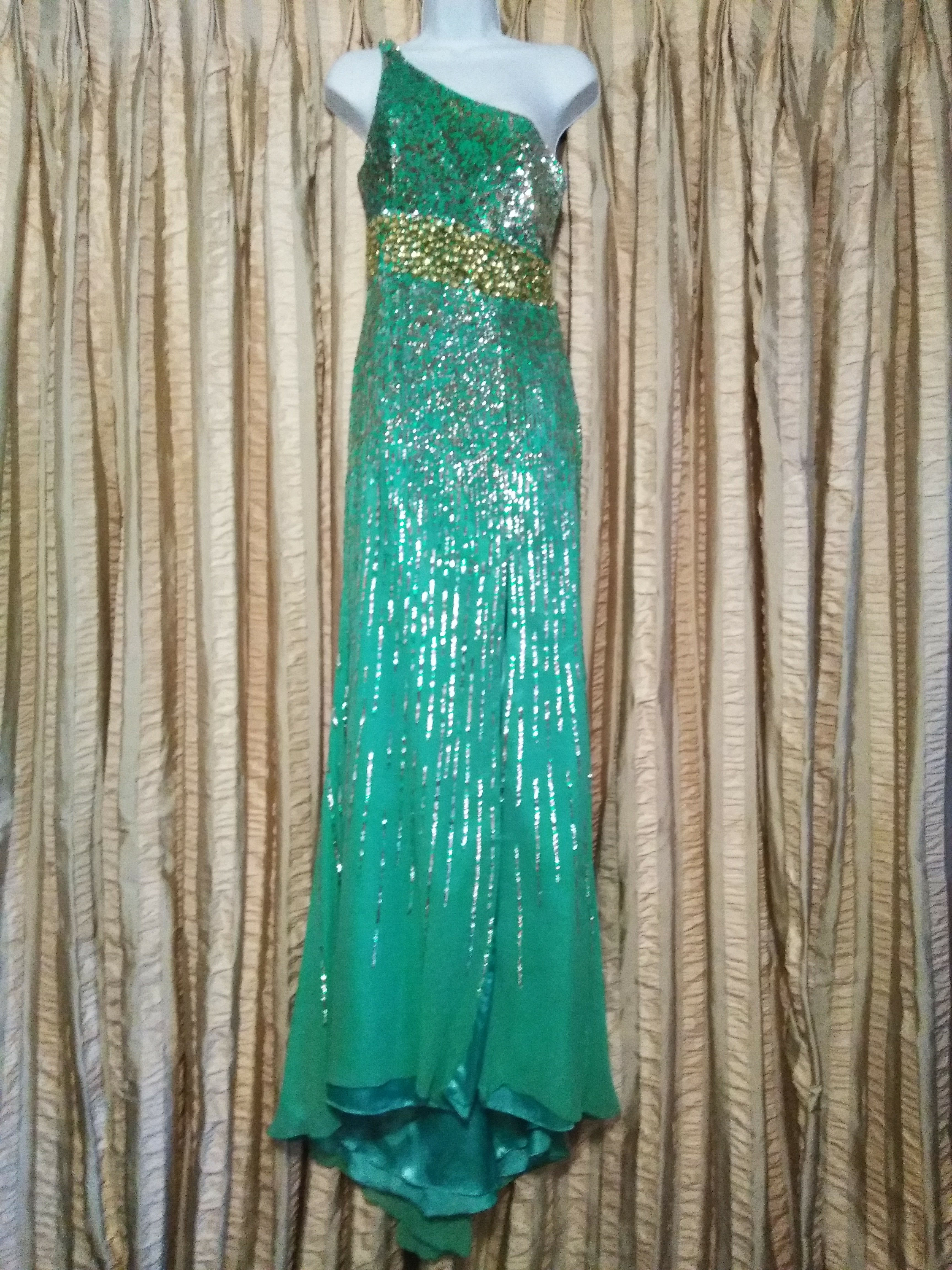 Sherri Hill Teal Silk Dress One Shoulder Dress - Size 8