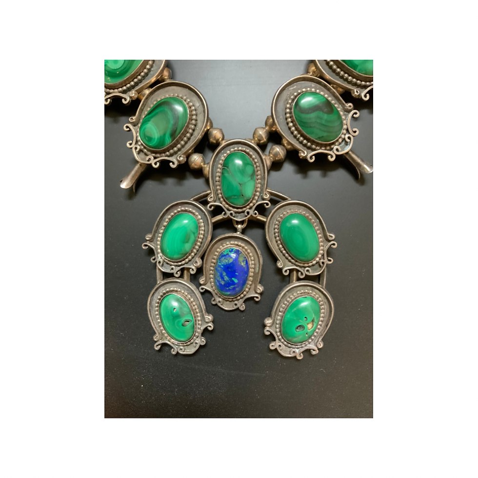 Thumbnail: Vintage 1970’s Sterling Silver Malachite and Lapis Squash Blossom Necklace