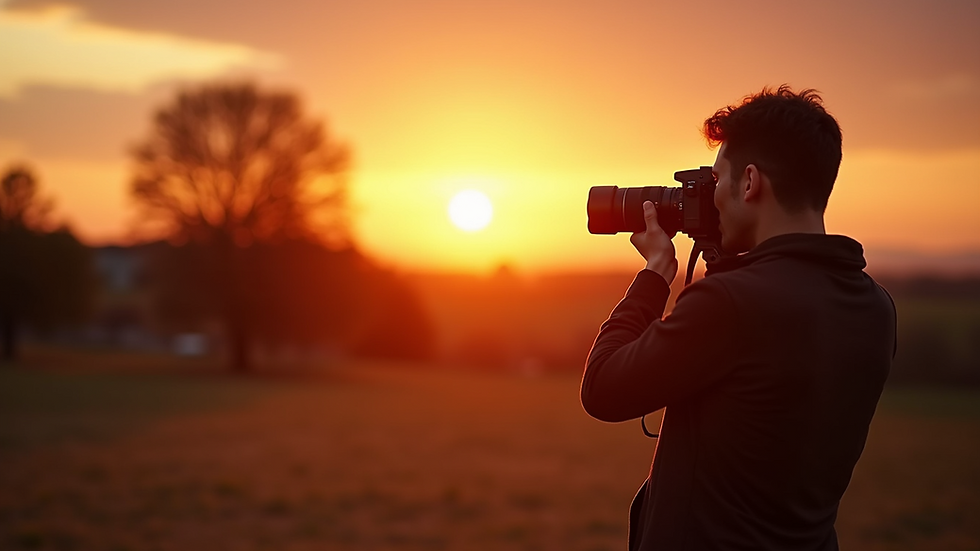 Close-up view of a photographer capturing a sunset