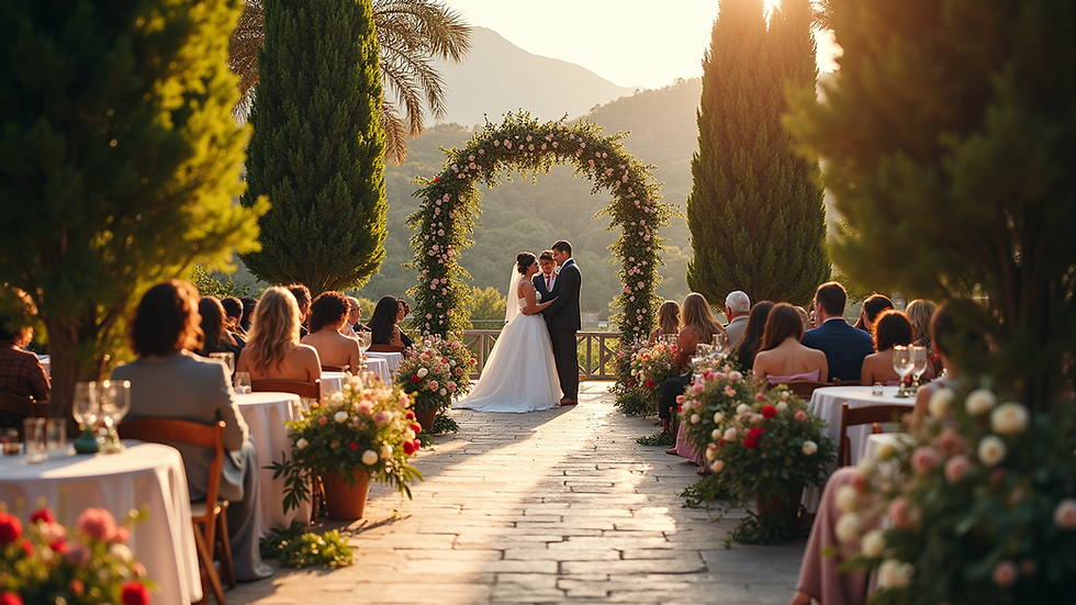 Vista aerea di un matrimonio all'aperto con decorazioni eleganti