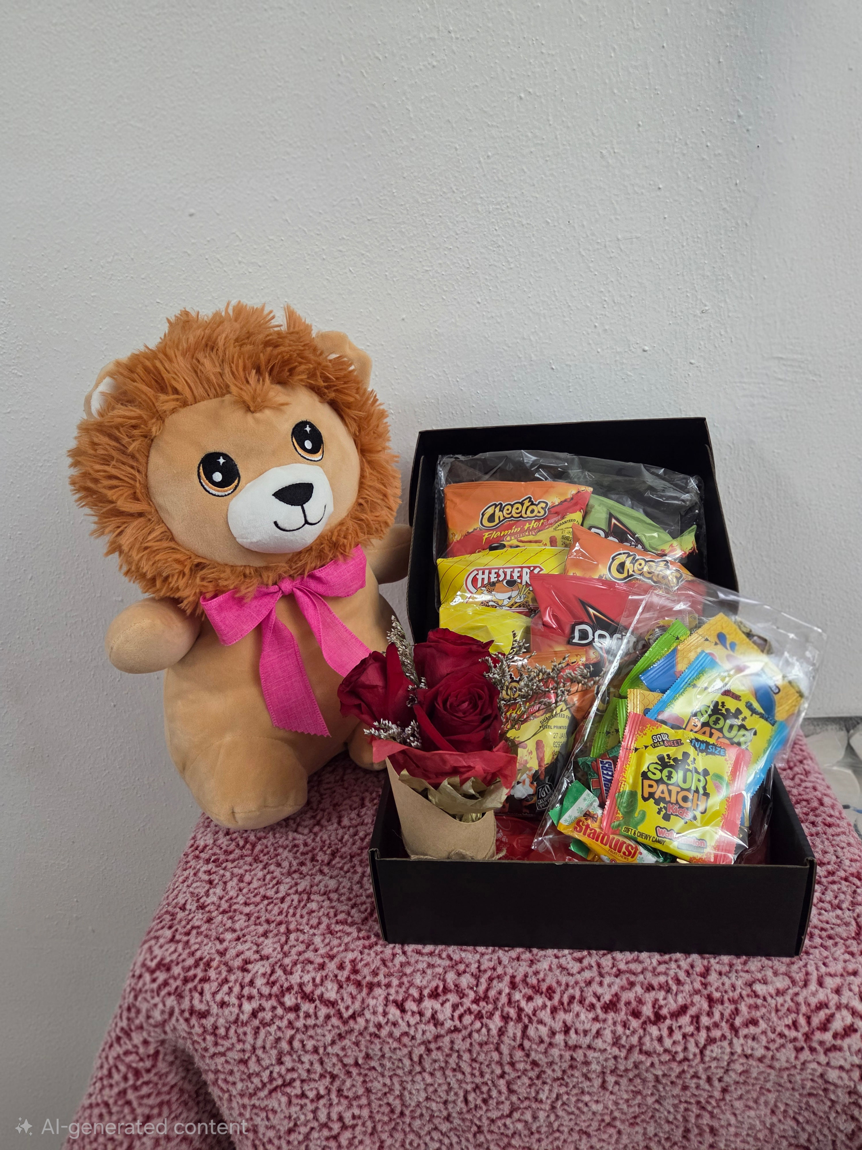 Plush Tiger w/ Red Roses Variety Chips and Candy