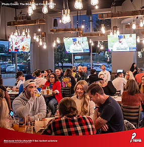 Packed house of players enjoying trivia night at The Brass Tap in Cross Roads, Texas, hosted by Not Rocket Science Trivia.