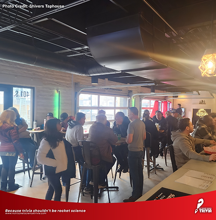 A crowd playing trivia at Shivers Taphouse in Colorado Springs, hosted by Not Rocket Science Trivia.