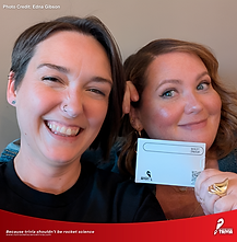 Smiling trivia players holding a team answer card during trivia night at Orange Hat Brewing in Knoxville, hosted by Not Rocket Science Trivia.