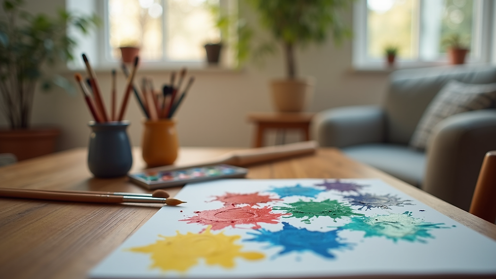 Eye-level view of a cozy art therapy room with colorful paints and brushes on a table