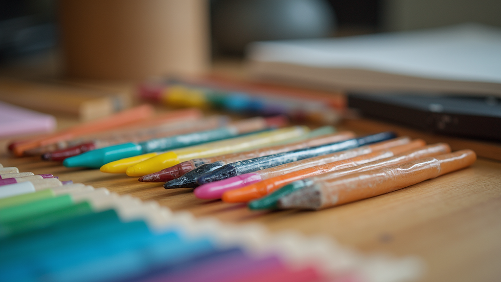 Close-up view of colorful art supplies arranged neatly on a wooden table