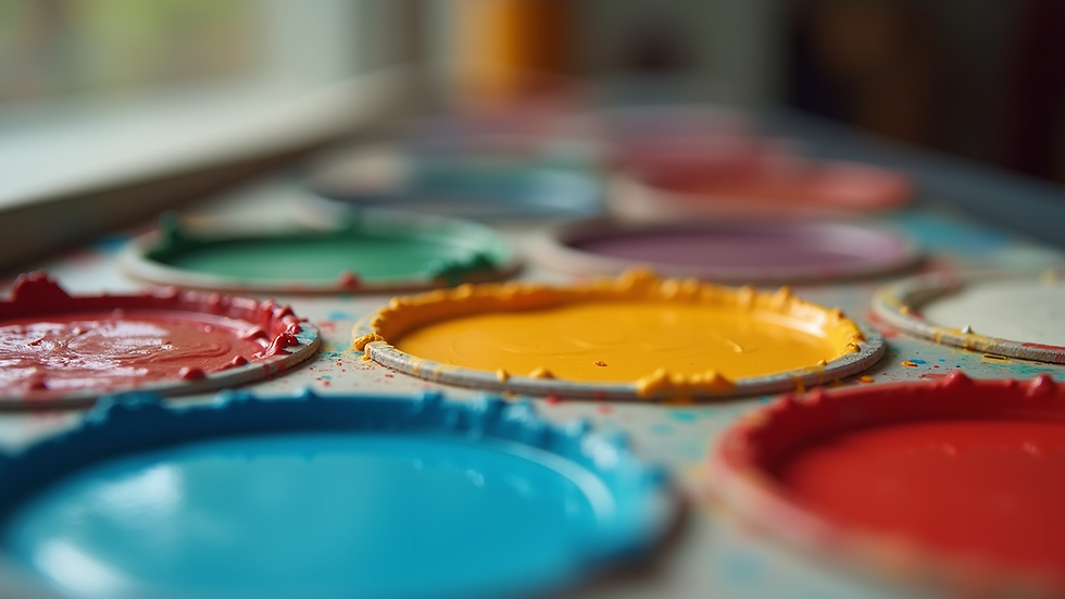 Eye-level view of a colorful palette with mixed paints