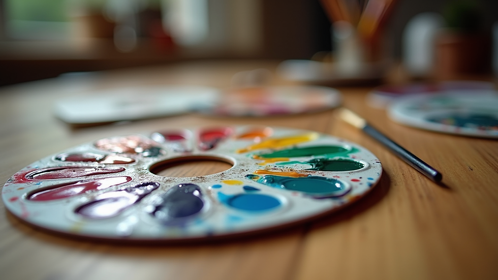 Close-up view of colorful paint palette and brushes on a wooden table