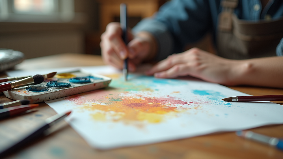 Close-up view of art supplies including brushes, paints, and paper on a wooden table