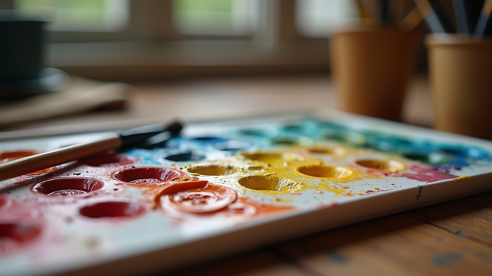 Close-up view of colorful paint palette and brushes on a wooden table