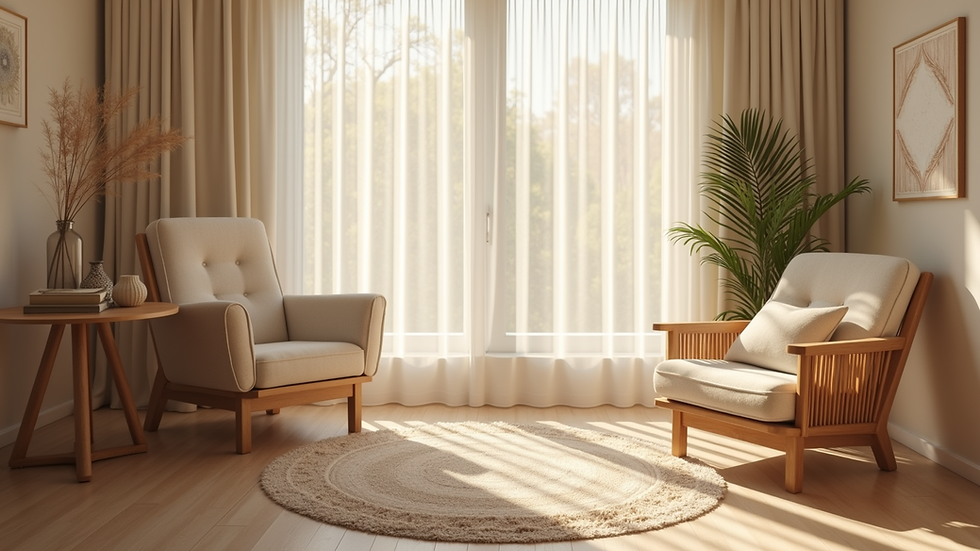 High angle view of a peaceful therapy room with art materials and soft lighting