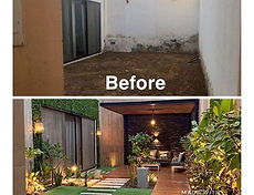 Comparación del antes y después de la remodelación de un patio. Espacio vacío convertido en un jardín moderno con área de des