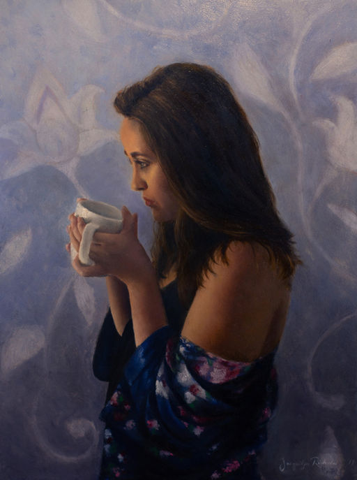 Oil painting of woman in robe holding coffee cup, by columbus artist Jackie Richardson