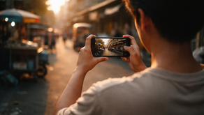 A young person standing by a jeepney window, holding up a phone to record the street outside as afternoon light filters in, capturing an ordinary moment of everyday Filipino life.