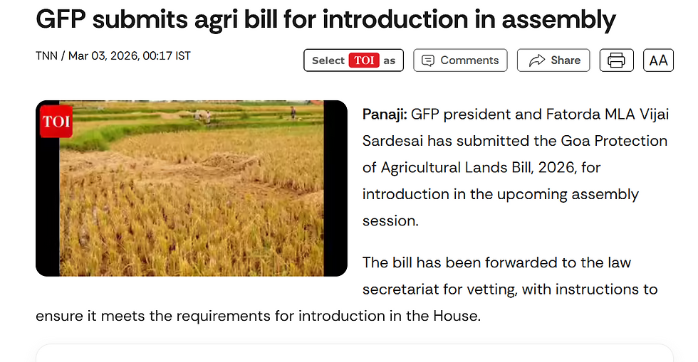 GFP submits agriculutral protection bill for Legislative Assembly_Times of India_03 March 2026