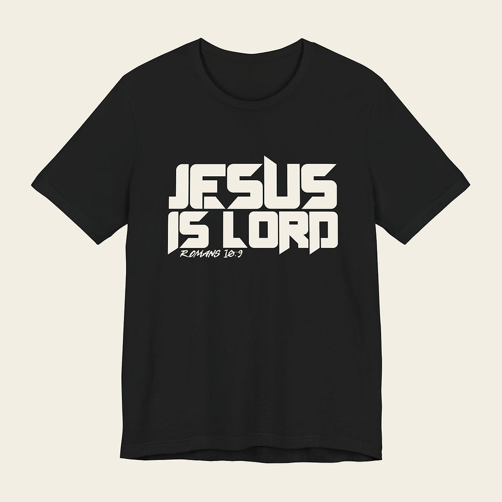 Jesus is Lord Romans 10:9 tee on brand cream background
