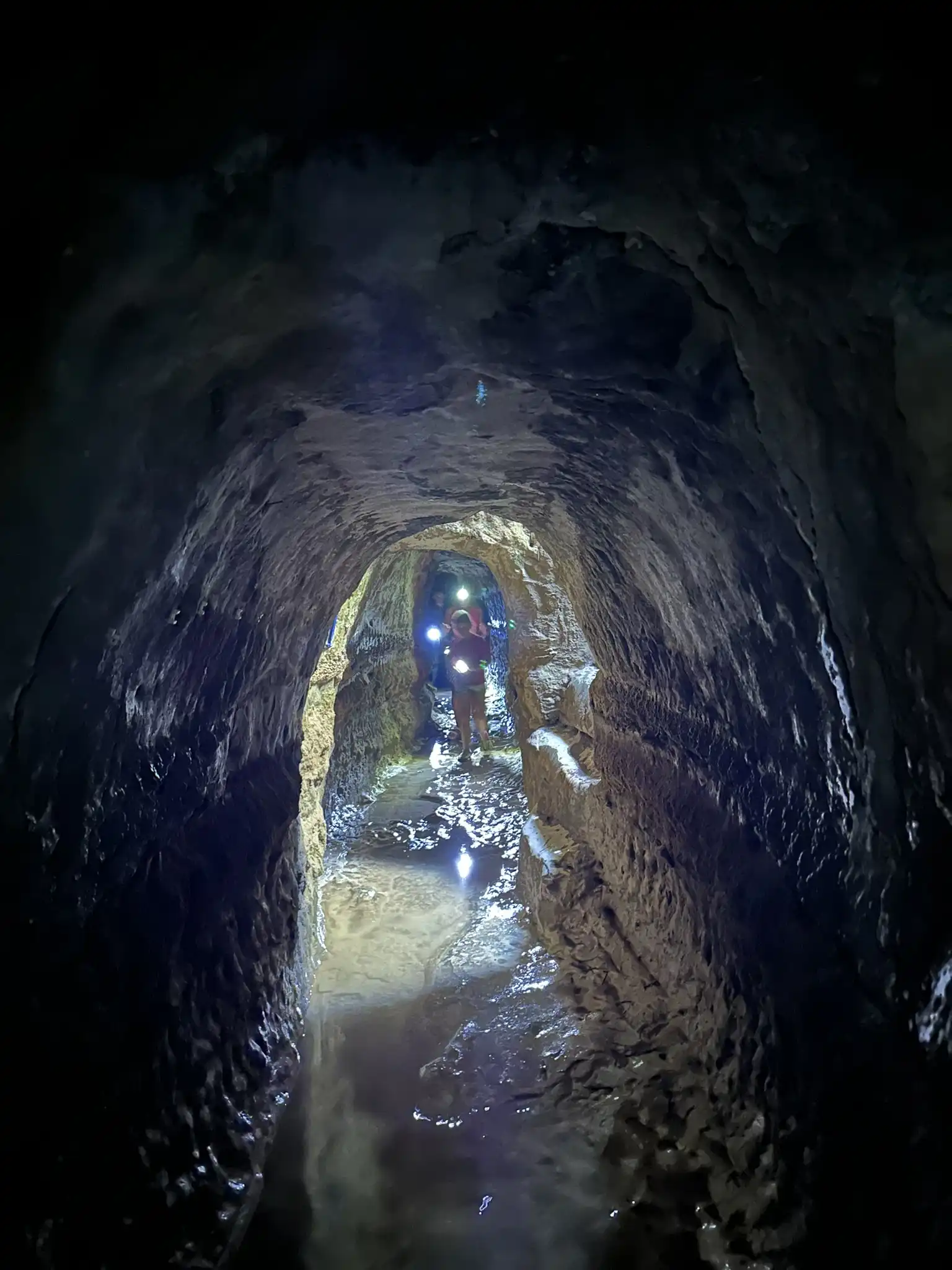 туристы с фонариками стоят в воде в подземном лазе