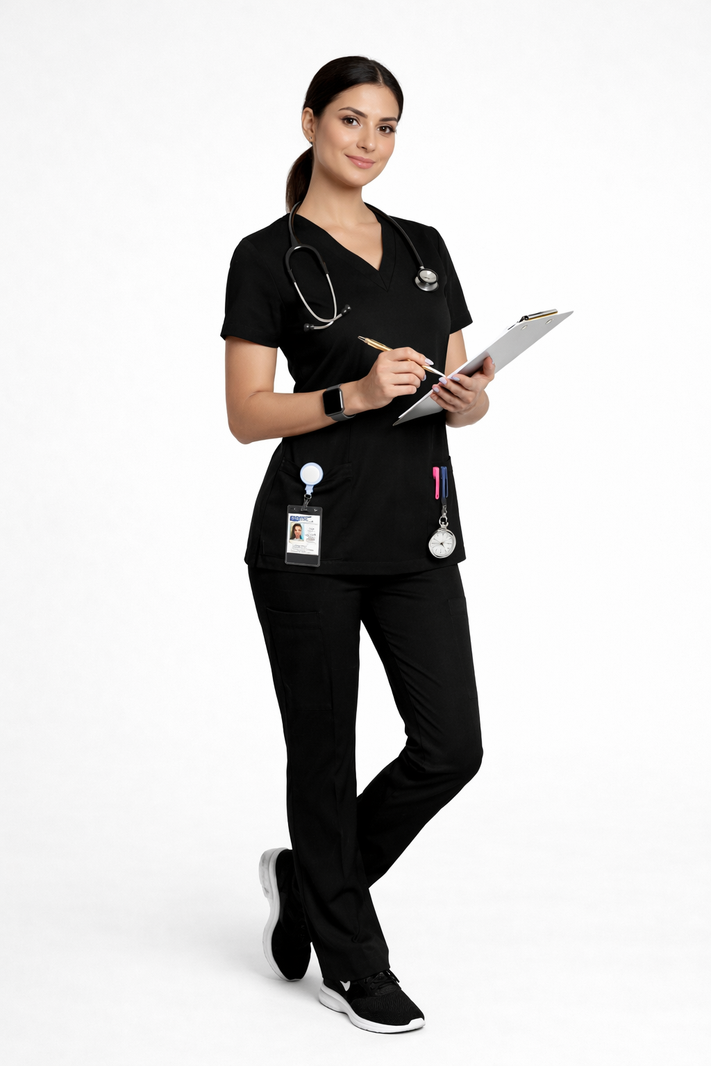 LeadersClub Women's V-Neck Active Scrub -Jet Black