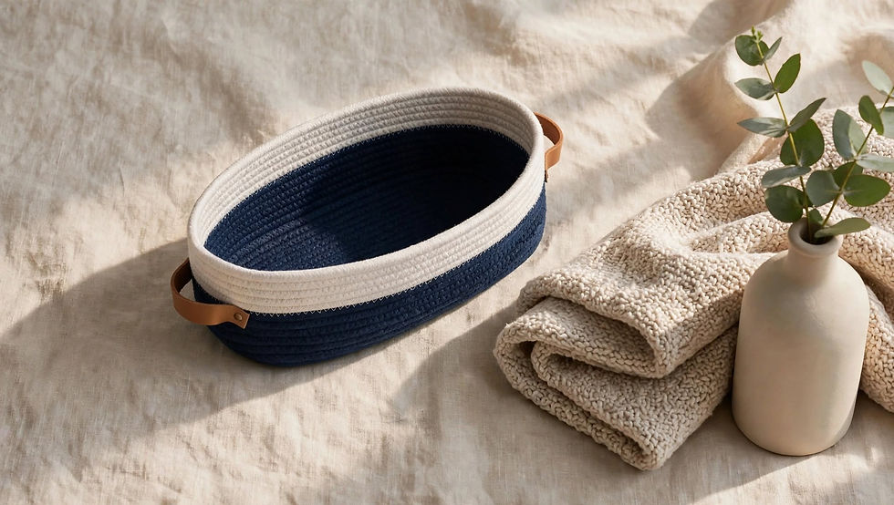 oval rope bathroom basket blue empty showing navy interior on linen fabric