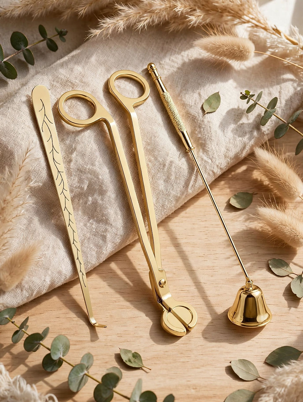 Gold AURA Ritual candle care tools on beige linen with pampas grass and eucalyptus - cozy boho aesthetic flat lay