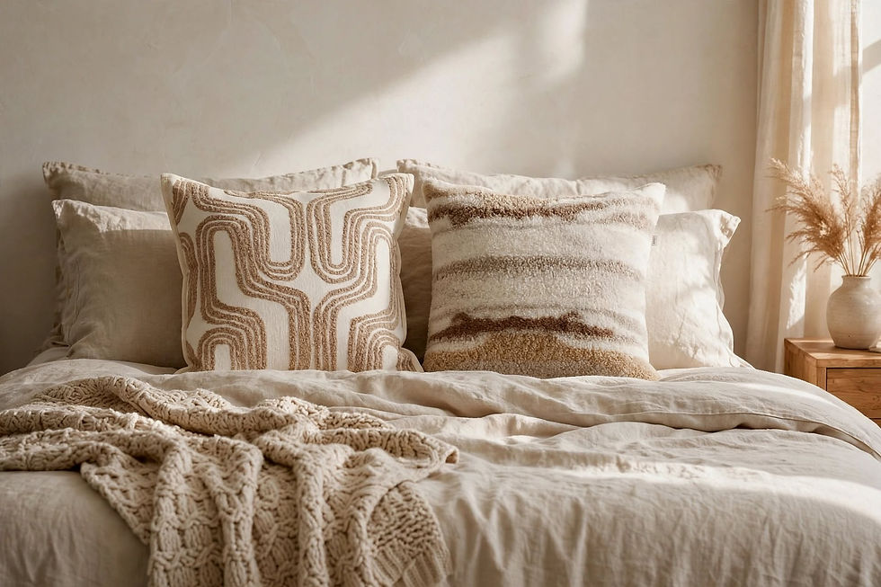 boucle throw pillow covers styled on beige linen bed - neutral textured cushions for bedroom decor