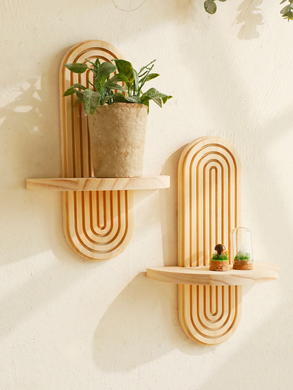 AURA boho arch wall shelf natural wood floating shelf 30cm with plant