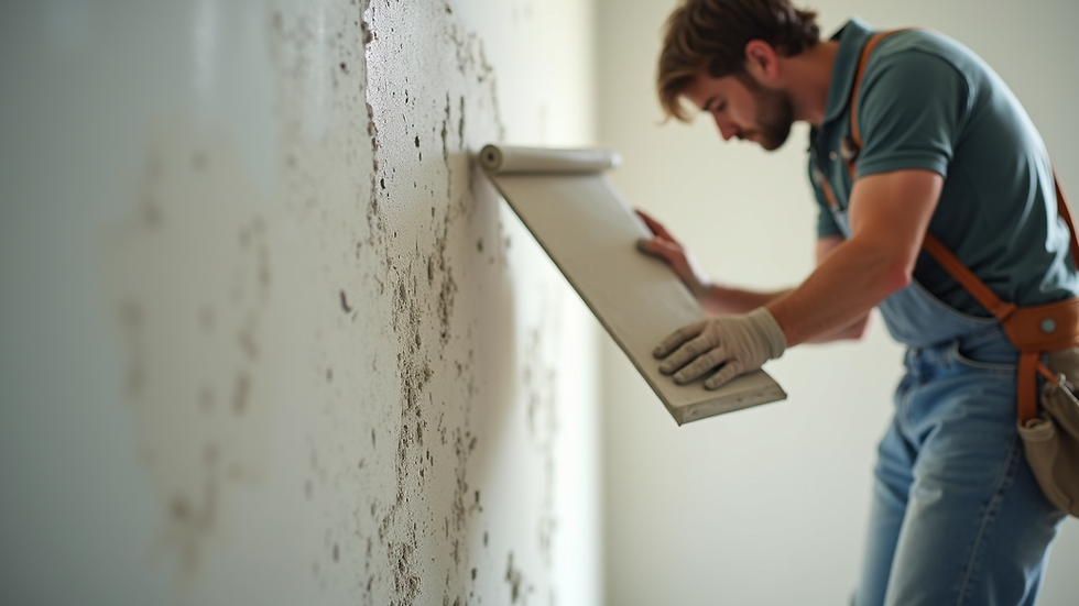 Eye-level view of a worker applying plaster on a wall