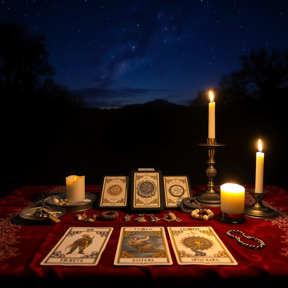 beautiful, twilight, dark deep blue stars, tarot cards on table, charms displayed on table