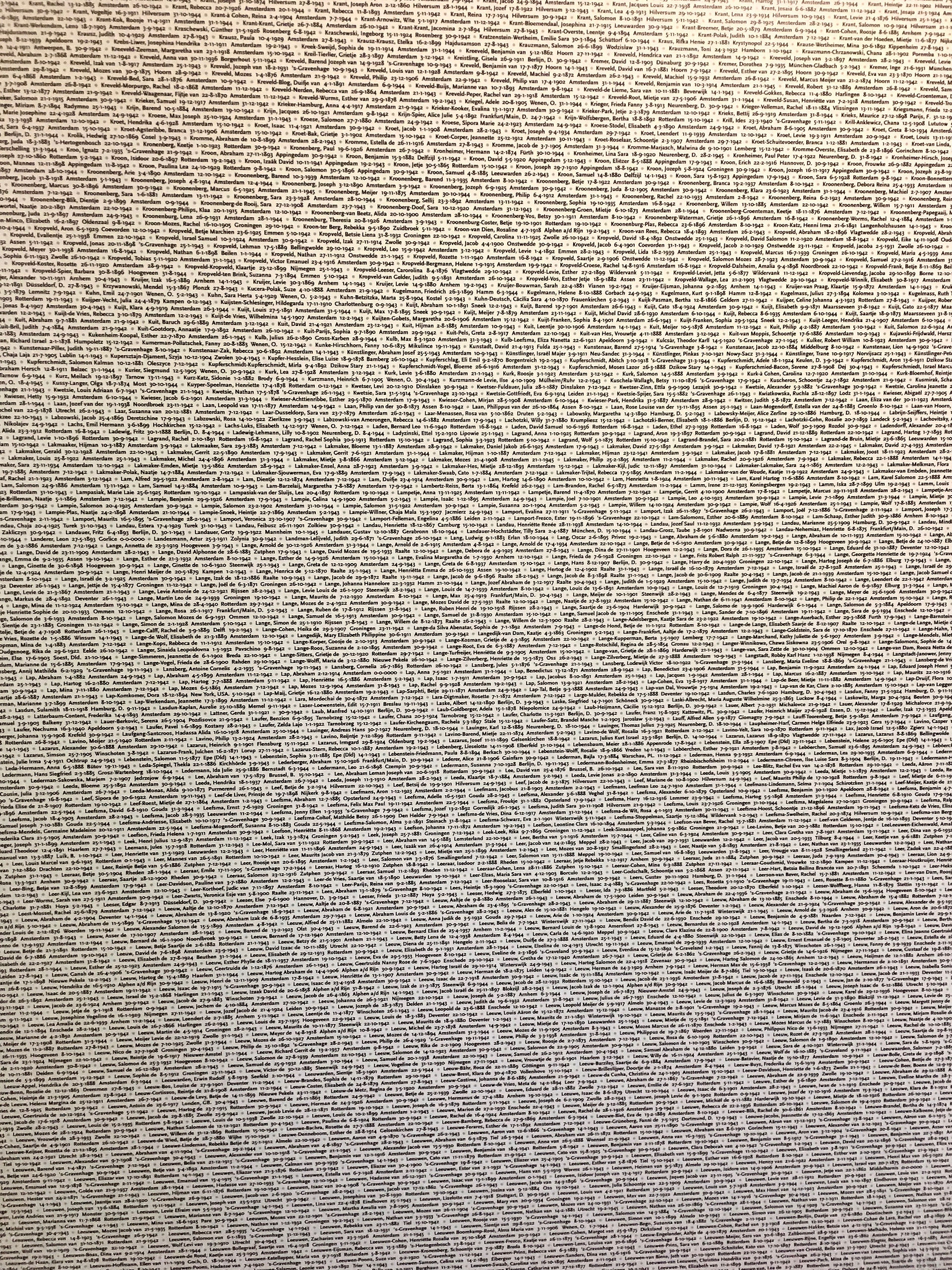 A large page of text from the Book of Names recording the murdered at Auschwitz