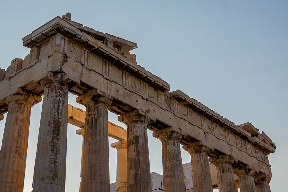 The columns and remains of the roof of the Parthenon on the Acropolis of Athens