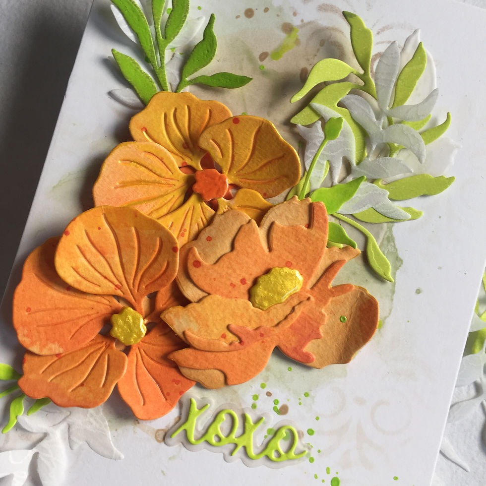 Nasturtium and Poppy Layered Flowers in Orange on an ink-smooshed and stencilled background