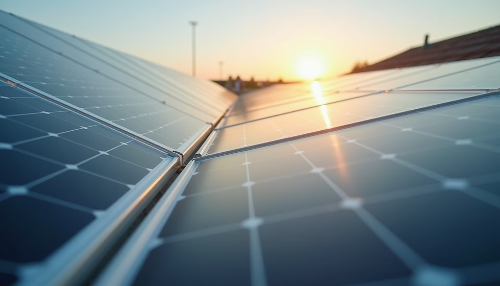 Solar panels on a rooftop at sunset, reflecting warm light under a clear sky.