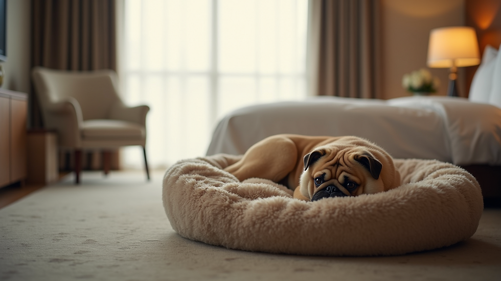 Eye-level view of a comfortable pet bed in a hotel room
